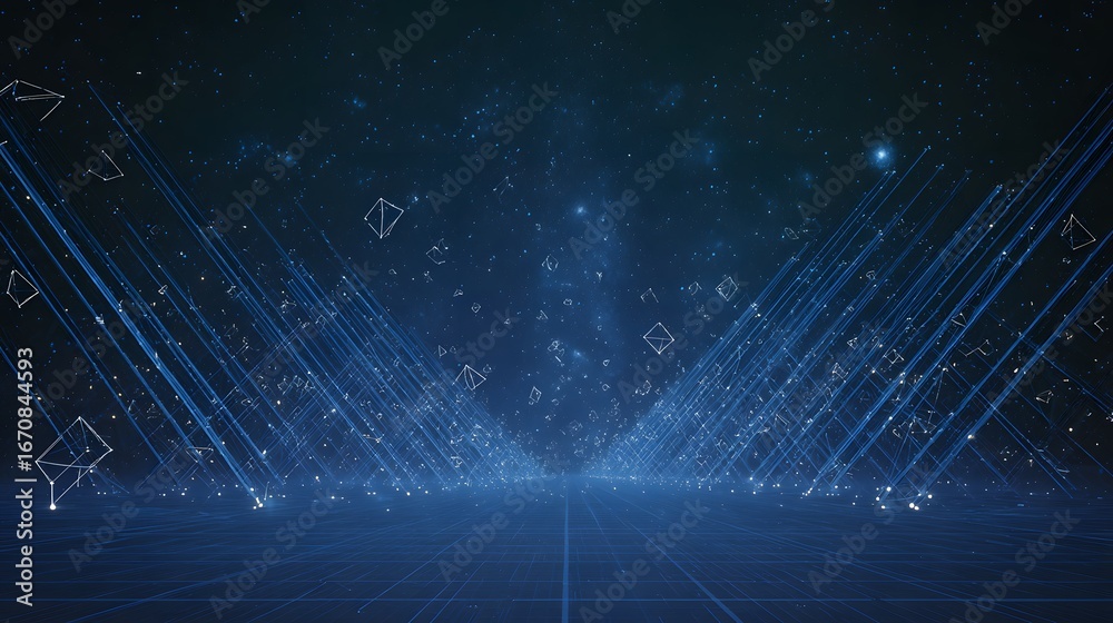 Obraz premium Website Background, Futuristic Digital Network with Blue Neon Lines and Abstract Geometric Patterns High-Tech Virtual Cyber World Background Images