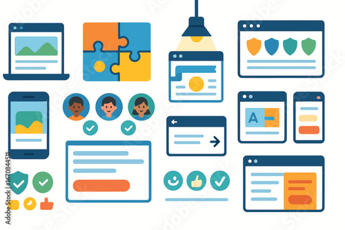 Web development flat icon set for coding, design, and user interface elements