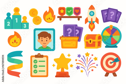 Game, performance flat icon set. achievement, progress, rewards flat designs collection