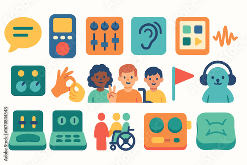 Accessibility, inclusion flat icon set. assistive technology, disability symbols collection