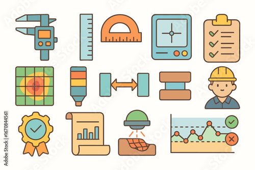 Engineering tools flat icon set. precision instruments, measurement equipment collection