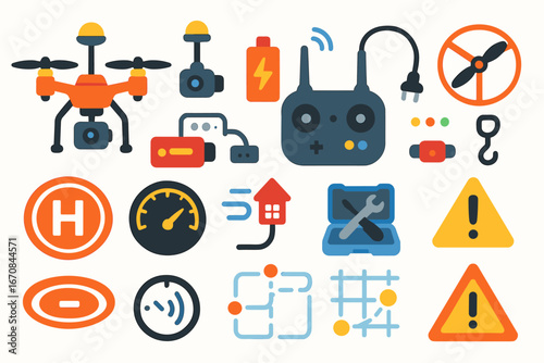 Technology, drone, gadget flat icon set. electronic, robotics device icons flat collection
