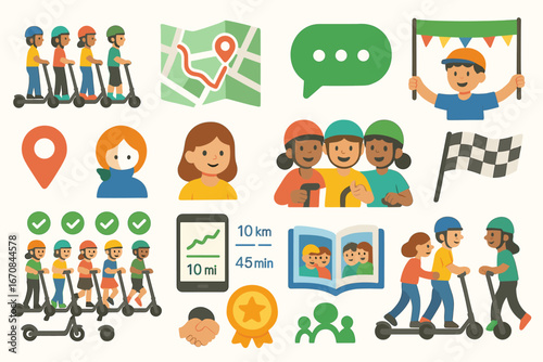 Electric scooter flat icon set: rental, navigation, and social activity icons