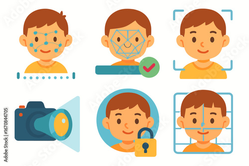 Facial recognition icon set. identification, security, and privacy flat icons collection