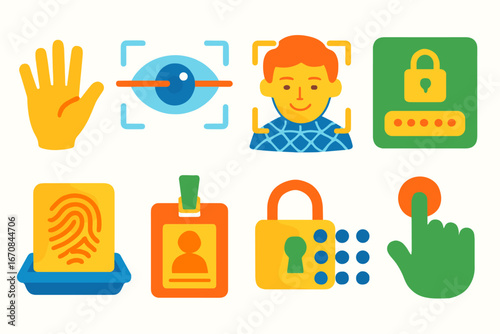 Biometric security flat icon set. fingerprint, face recognition, access control icons