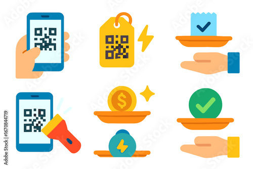 Qr code, payment flat icon set. mobile, contactless, transaction, payment managing