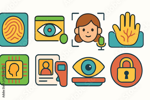 Biometric security flat icon set. fingerprint, face recognition, eye scan, and access control icons collection