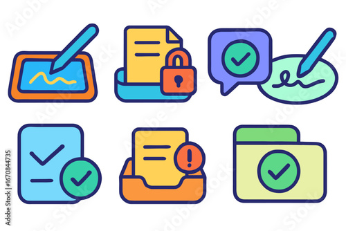 Digital signature flat icon set. documents, security, checkmark, approval icons collection
