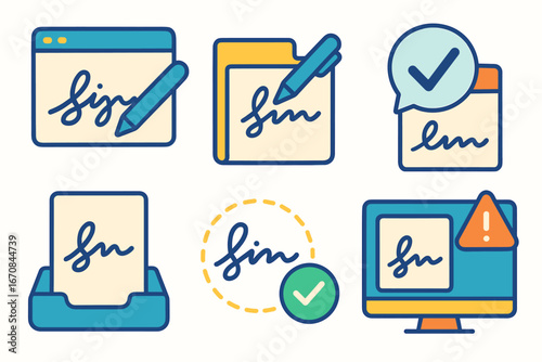 Document signing icon set: filled style digital authorization elements collection