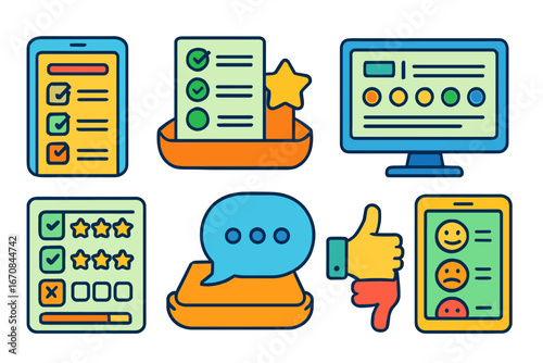 Review and feedback outline icon set. ratings, comment icons in outline style