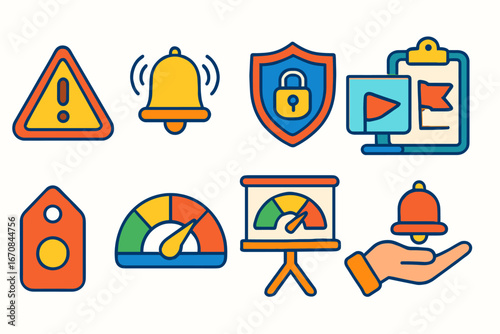 Alert and notification icon set. flat style vibrant alert, reminder, and security icons