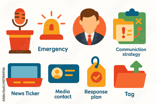 Communication and media flat icon set. strategy, response, emergency icons collection