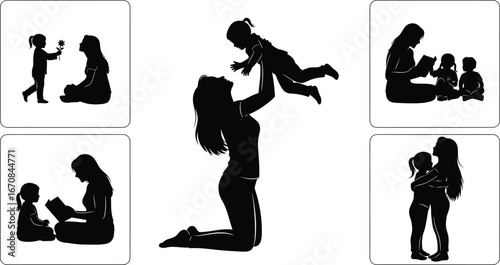 Silhouettes of mothers and children engaging in various loving and nurturing activities, depicting the strong bond of motherhood.