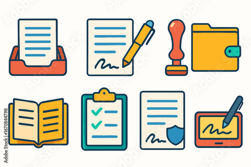 Office, document flat icon set. business, signature, stationery icons collection