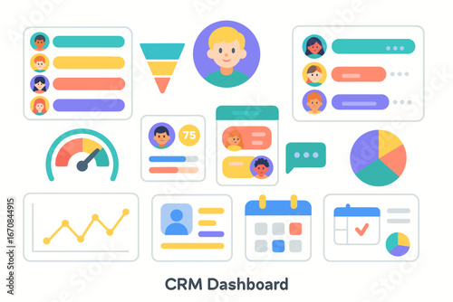 Crm dashboard icon set. data analytics, user interface icons in flat style
