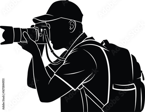 Professional photographer silhouette with digital camera and backpack, travel photographer vector illustration, man taking photo eps