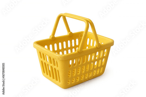 Yellow plastic shopping basket isolated on transparent background, representing consumerism, retail, and purchasing
