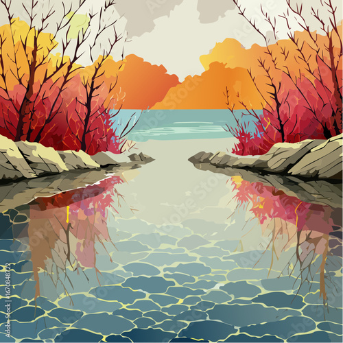 vector illustration of melancholic lagoon with burnt orange rippling waters, turquoise inlets, lavender driftwood, and reeds in reflective solitude, atmospheric minimal composition