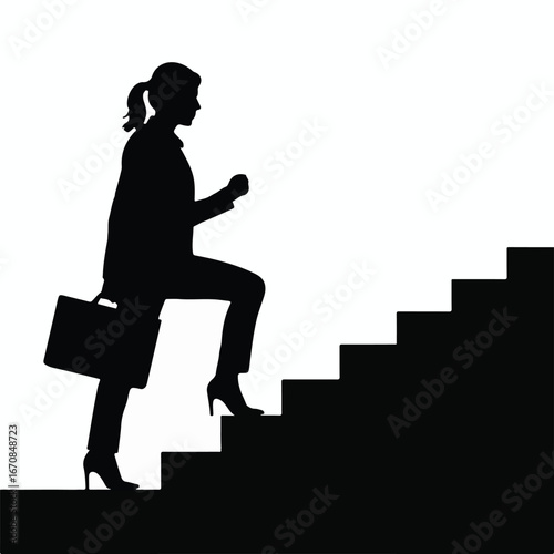 Ambitious businesswoman confidently climbing steps, achieving success and reaching new heights, career goals realized.
