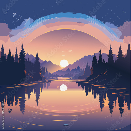 pensive crepuscular glow hot pink forest green amber silhouettes 