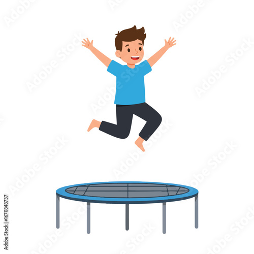 A young boy jumping on a trampoline with arms outstretched on a white background.