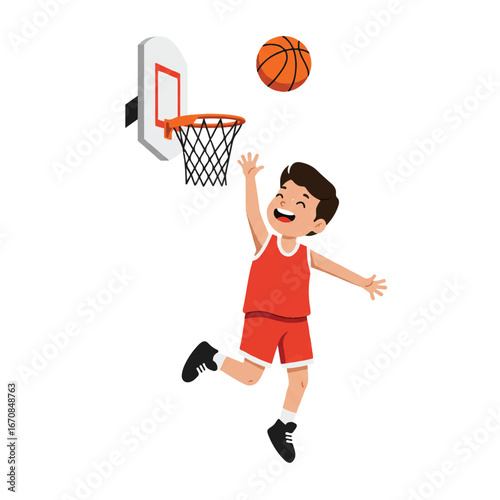 Illustration of a young boy in a red uniform jumping to dunk a basketball into a hoop on a clean white background.