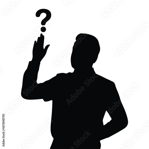 Silhouette of person contemplating question mark, seeking solutions or brainstorming ideas for creative projects or business challenges