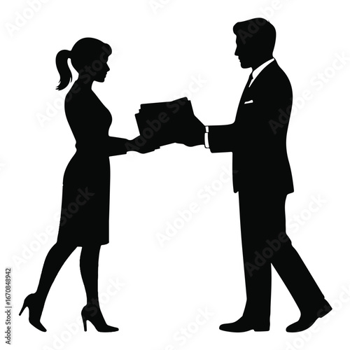 Professional business people exchanging documents, symbolizing teamwork, collaboration, and successful partnership in a corporate setting.