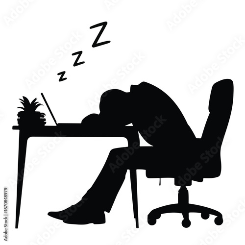 Exhausted office worker slumped over desk after long day of hard work, burnout concept, modern workspace.