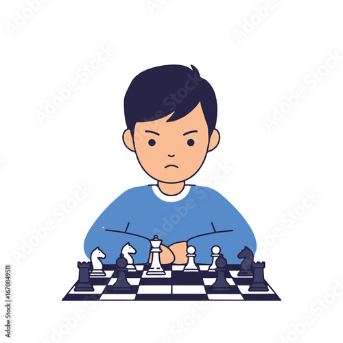 Focused young boy concentrating on a chess game with a determined expression on a simple background.