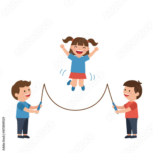 Illustration of a young girl jumping rope with two boys in a playful scene against a white background.