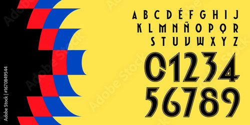 Geometric sports typeface vector with sharp lines and bold style. Includes full uppercase alphabet with accents and numbers, ideal for jersey graphics, posters, and modern design projects