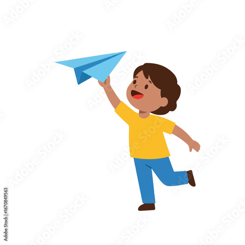 Cartoon boy throwing blue paper airplane in joyful motion on white background