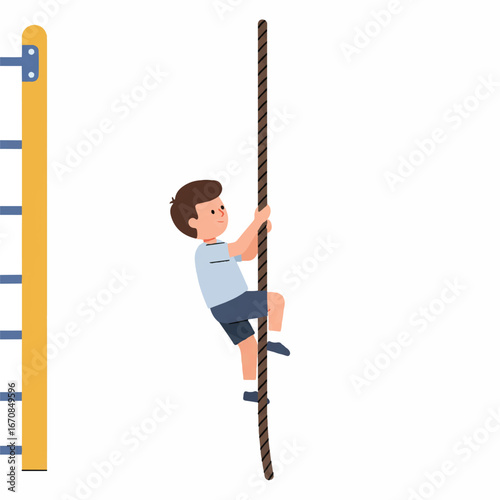A young boy climbing a rope with a ladder beside him on a white background.
