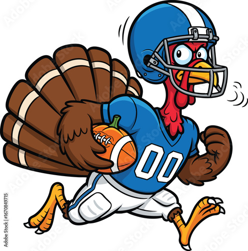 Funny Cartoon Thanksgiving Turkey Playing Football in Helmet and Jersey – Humorous Fall Sports Illustration