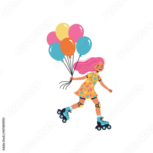 A cheerful cartoon girl with pink hair rollerblading while holding colorful balloons on a white background with a playful mood.