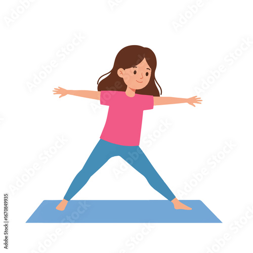 A cartoon woman in a pink shirt and blue leggings doing a yoga pose on a blue mat against a white background with a playful and relaxed mood.