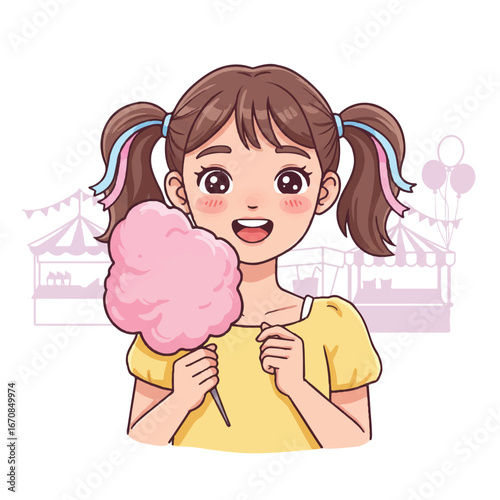 Cartoon illustration of a cheerful young girl enjoying pink cotton candy at an amusement park with a joyful and colorful mood.