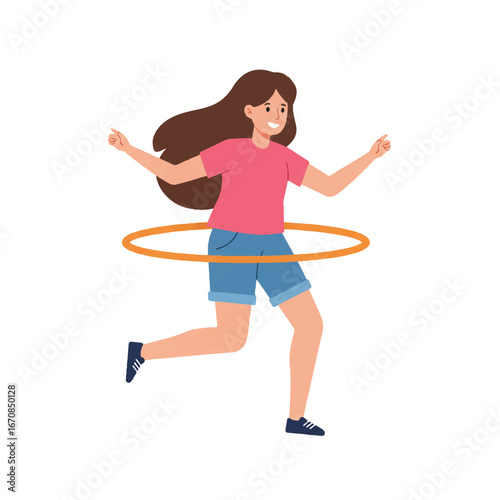 A cartoon woman spinning a hula hoop around her waist in a playful pose on a white background with colorful tones.