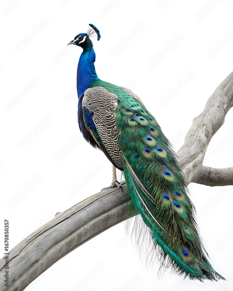 Naklejka premium A vibrant peacock perched gracefully on a weathered branch against a stark white background outdoors