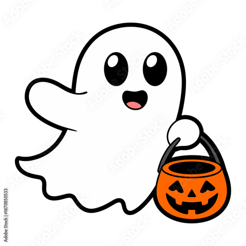 Cute Ghost with Trick-or-Treat Bucket