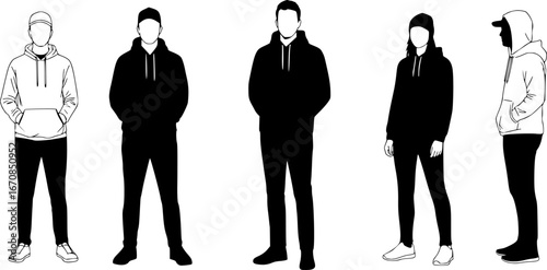 Set of vector silhouettes of men and a women, a group of standing business people, black color isolated on white background
