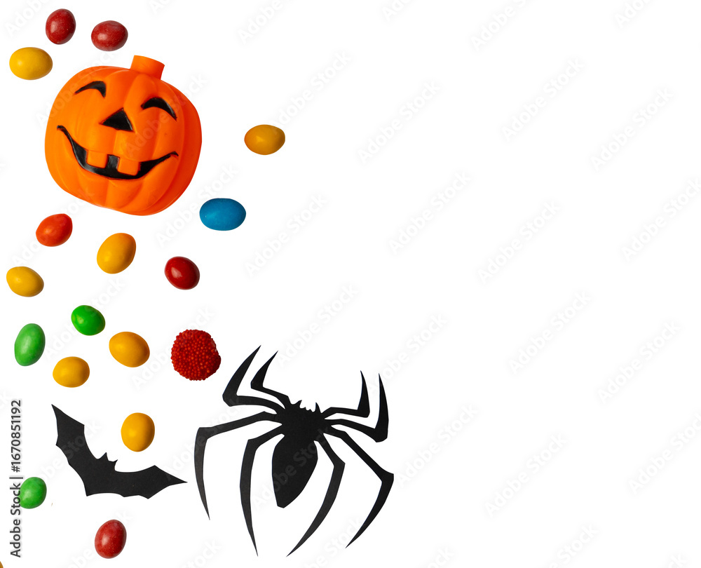 Fototapeta premium Halloween pumpkin candy assortment with colorful sweets bat and spider decoration isolated on transparent background. 