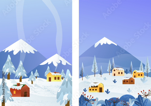 Winter landscape with snow-capped mountains and village houses. Village at the foot of the mountain. Cozy winter story. Concept of Christmas and New Year holidays. Vector illustration