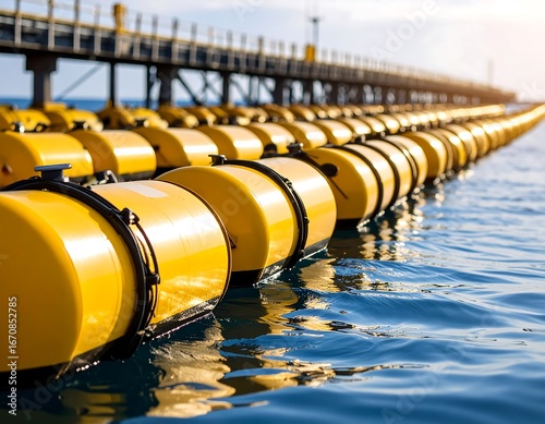 Yellow buoyant tubes in a long line in water, under a pier