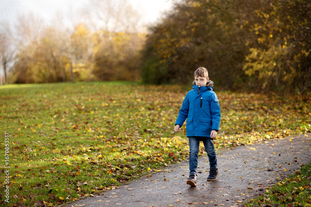 Obraz premium Young boy walking in autumn park surrounded by colorful fall leaves.