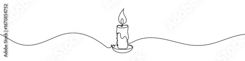 Continuous line drawing of burning candle on plate vector illustration. Minimalist single line art for decoration or spiritual design.