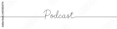 Podcast inscription continuous one line drawing vector illustration. Minimalist handwritten text logo design for media, audio, and broadcasting.