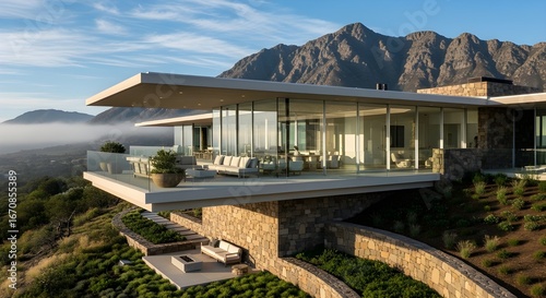 Stunning modern glass house perched on hillside offers breathtaking mountain views and luxurious outdoor living space