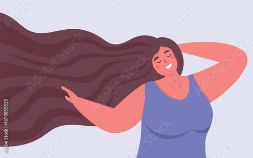 Happy plump woman with long hair in dreams and self-love. Vector flat graphics.